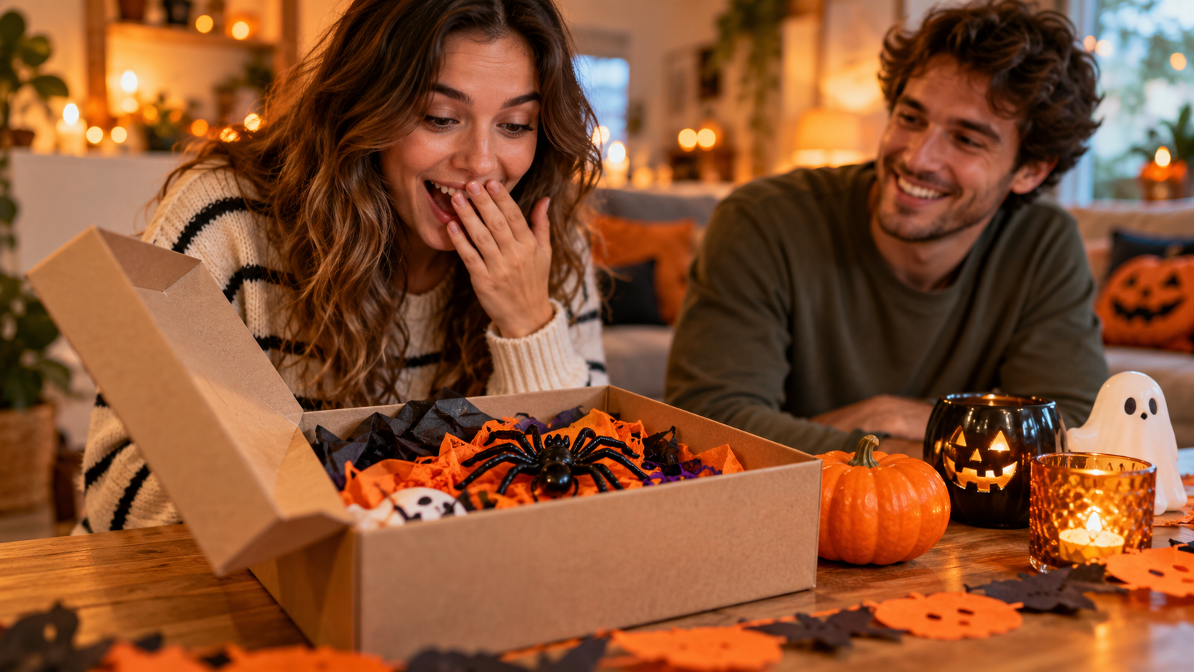 Deux amis découvrent une fausse araignée dans une boîte de décorations d’Halloween.