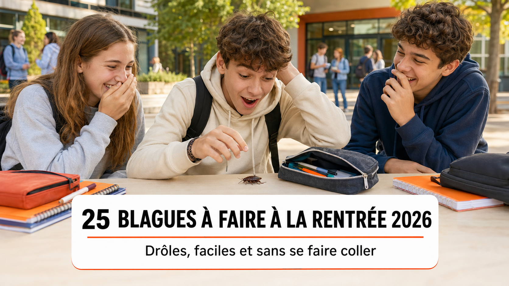 Trois amis découvrant un faux cafard pour illustrer 25 blagues de rentrée 2026