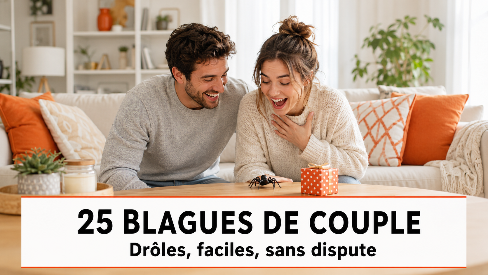Couple riant après une blague avec une fausse araignée