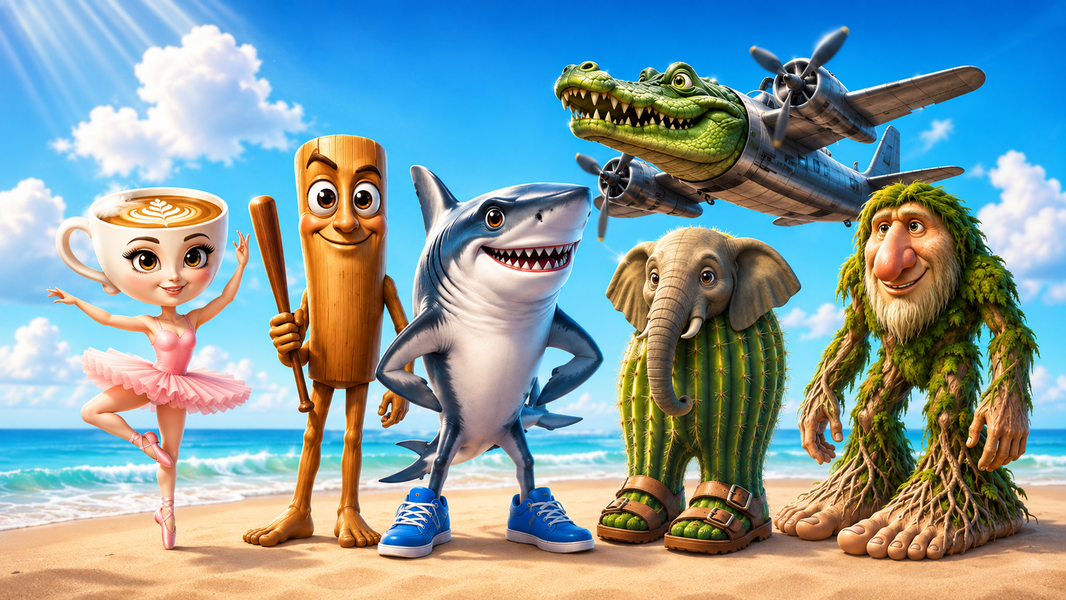 Six personnages Brainrot réunis sur une plage : Tralalero Tralala, Tung Tung Tung Sahur, Ballerina Cappuccina, Bombardiro Crocodilo, Lirilì Larilà et Brr Brr Patapim