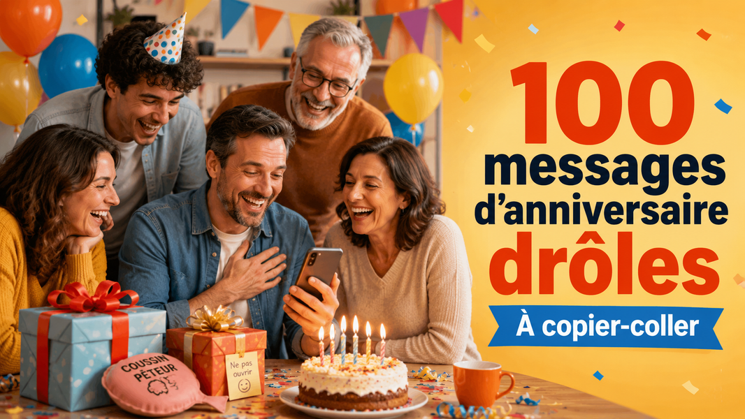 Groupe d’adultes riant autour d’un gâteau après avoir lu un message d’anniversaire drôle sur un téléphone