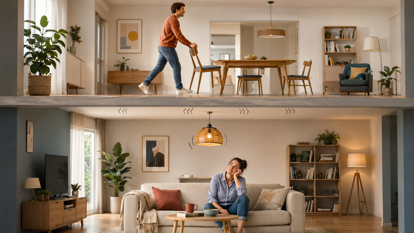 Voisin du dessus bruyant illustré avec humour dans deux appartements superposés