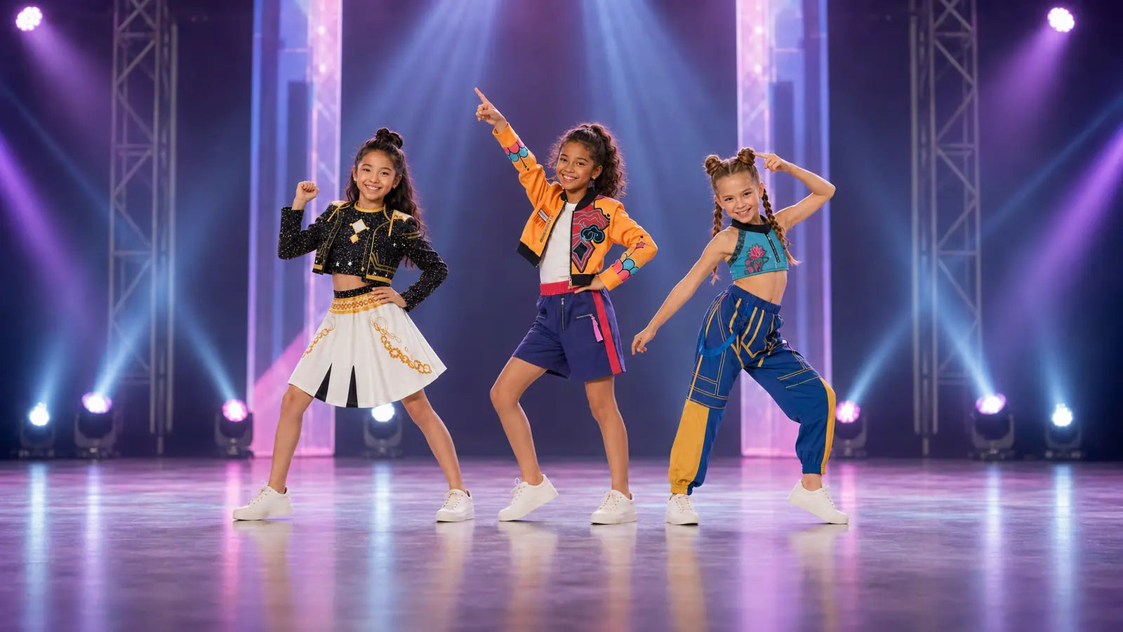 Trois enfants en costumes inspirés de Mira, Rumi et Zoey dansant sur une scène K-pop