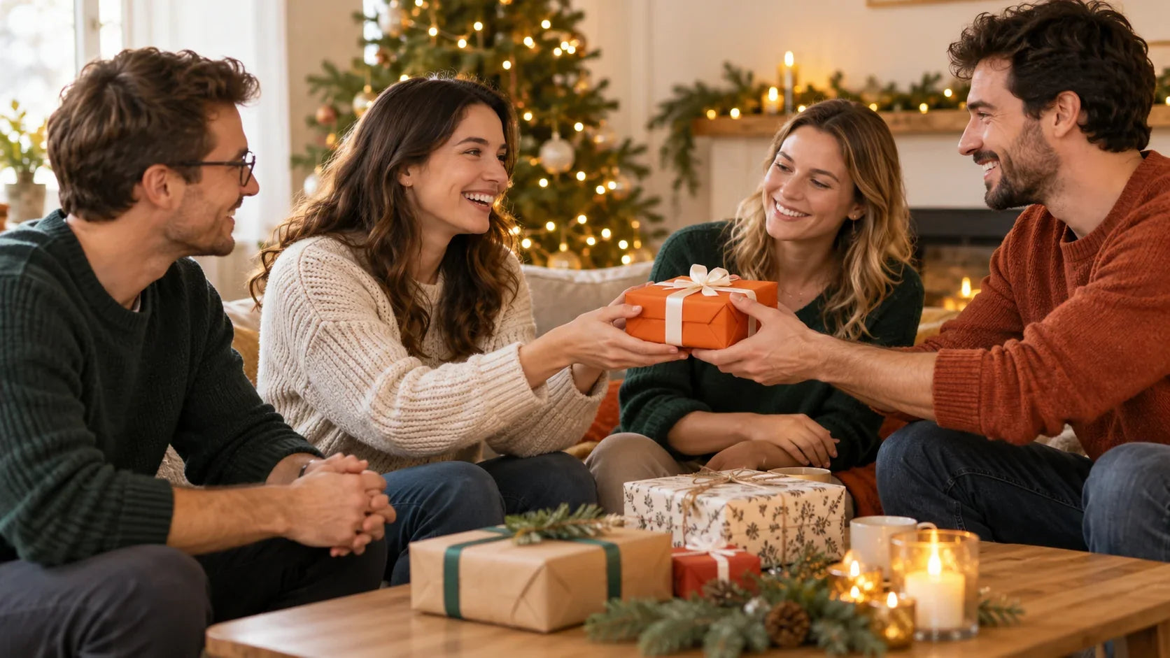 Illustration d'un échange de cadeaux emballés entre adultes dans une ambiance de Noël