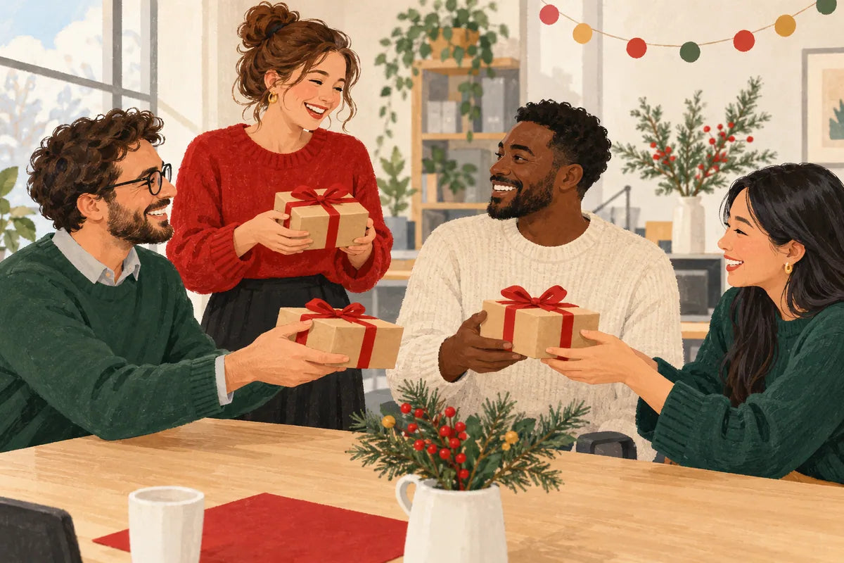 Quatre adultes souriants échangent des cadeaux en papier kraft avec des rubans rouges.
