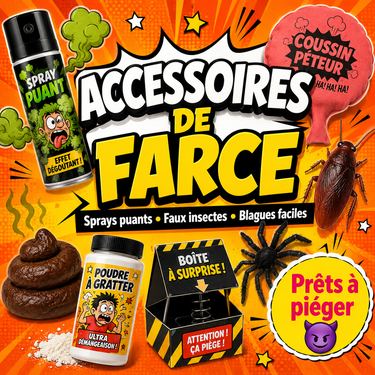 Collection accessoires de farce avec sprays puants, faux insectes, coussins péteurs et blagues faciles