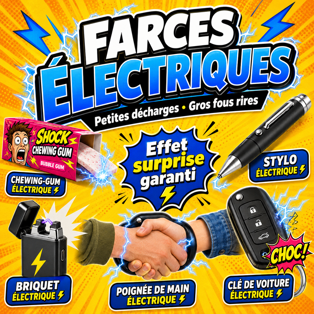 Collection farces électriques avec chewing-gum électrique, stylo choc, briquet piégé et gadgets à décharge