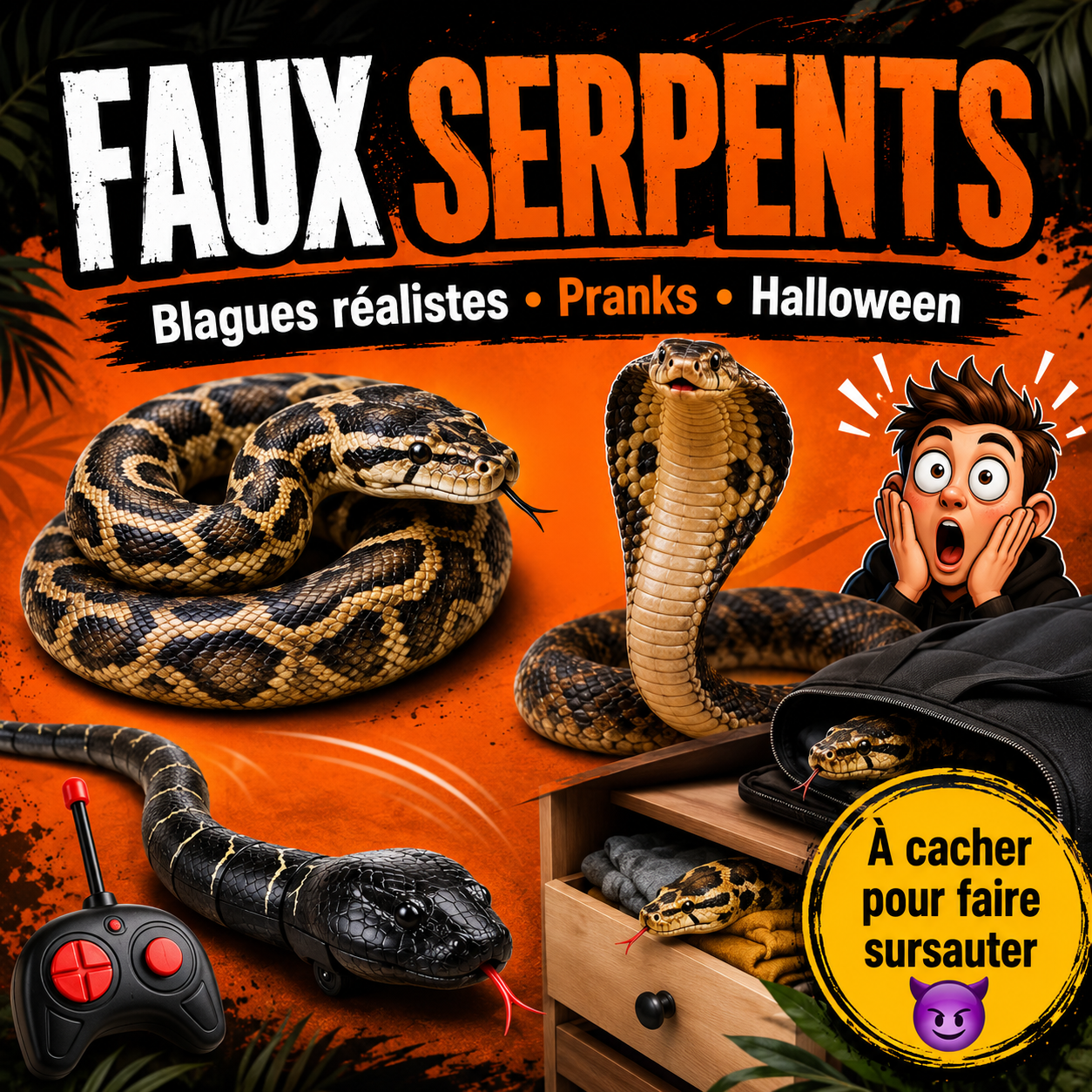 Collection faux serpents réalistes avec serpents en plastique, caoutchouc et télécommandés pour pranks et Halloween