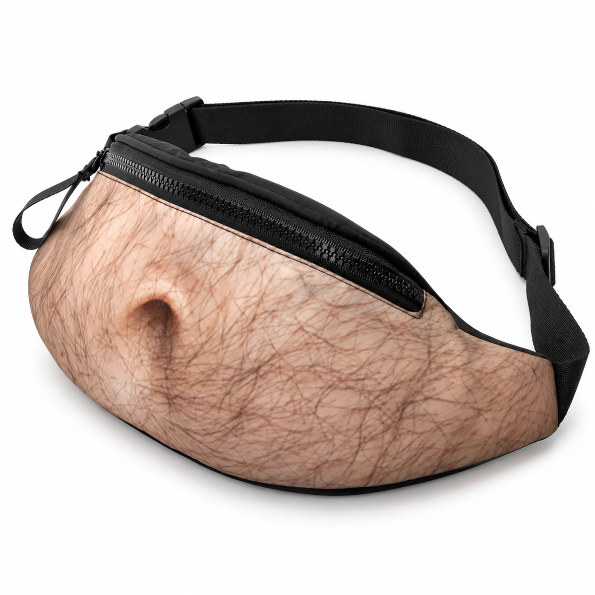 Sac banane faux ventre poilu vu de trois quarts, avec fermeture zippée et sangle noire, sur fond blanc.