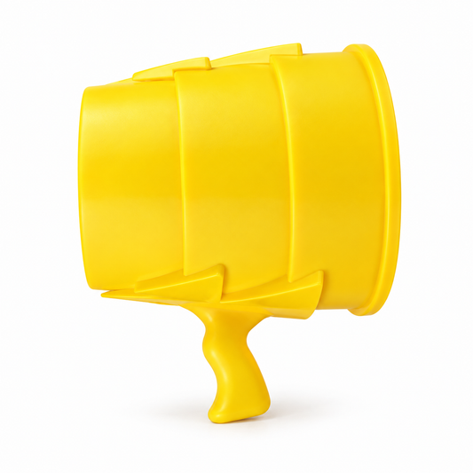 Canon à air vortex jaune avec poignée, vu de profil sur fond blanc.