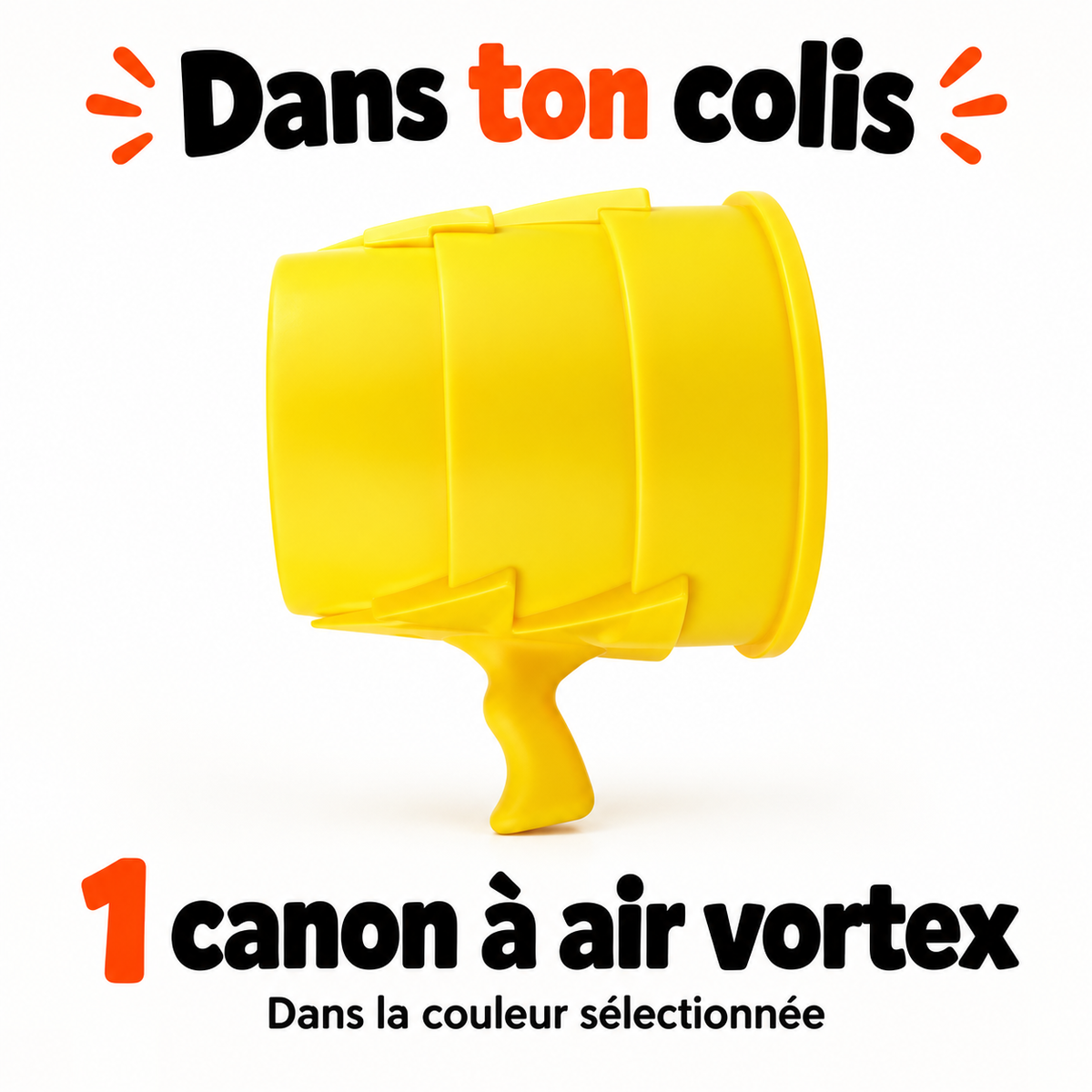 Contenu du colis : un canon à air vortex dans la couleur sélectionnée, illustré par le modèle jaune.