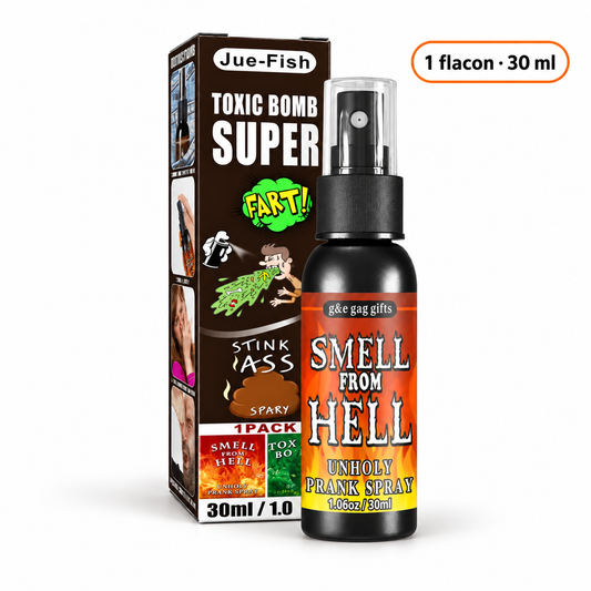 Spray Smell From Hell de 30 ml avec son flacon noir et sa boîte sur fond clair.