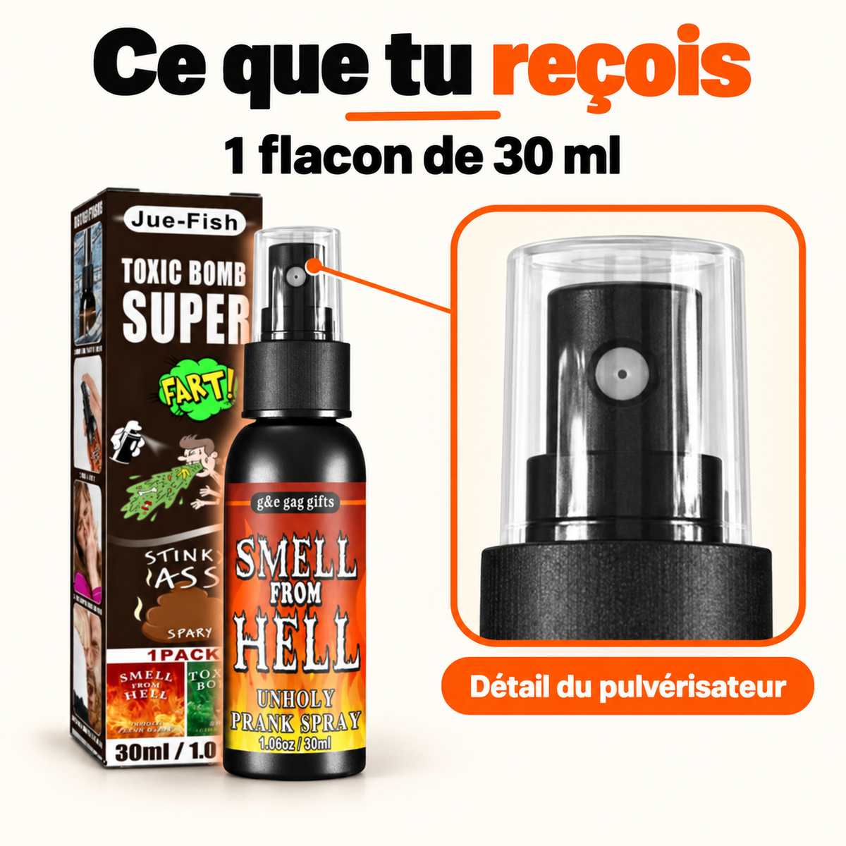 Un flacon Smell From Hell de 30 ml avec sa boîte et un gros plan du pulvérisateur.