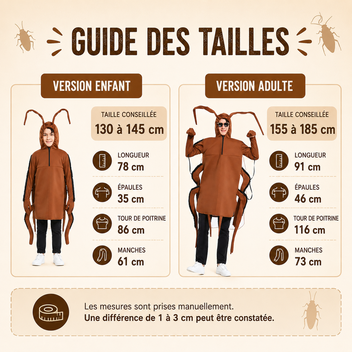 Guide des tailles déguisement cafard enfant et adulte