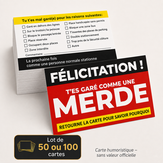 Fausses contraventions humoristiques pour voiture – Lot de 50 ou 100