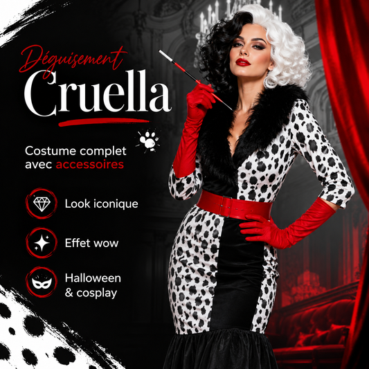 Déguisement Cruella | Costume Complet avec Perruque & Accessoires