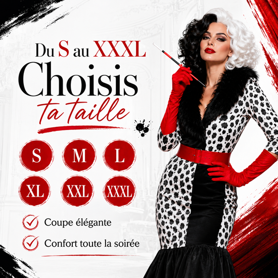 SOETDERT Cruella Costume pour femme, accessoires des années 70, costume d' Halloween pour femme, perruque courte noire et blanche, gants, collier, masque en dentelle pour carnaval, cosplay
