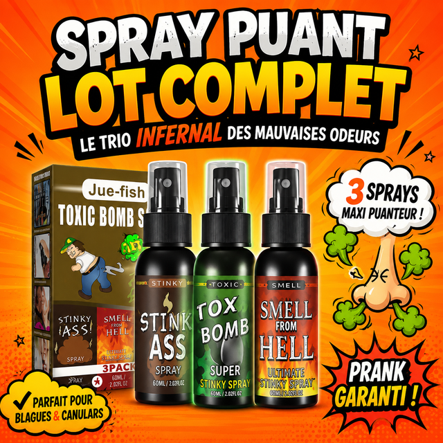 Lot de trois sprays puants Stinky Ass, Toxic Bomb et Smell From Hell sur fond orange illustré