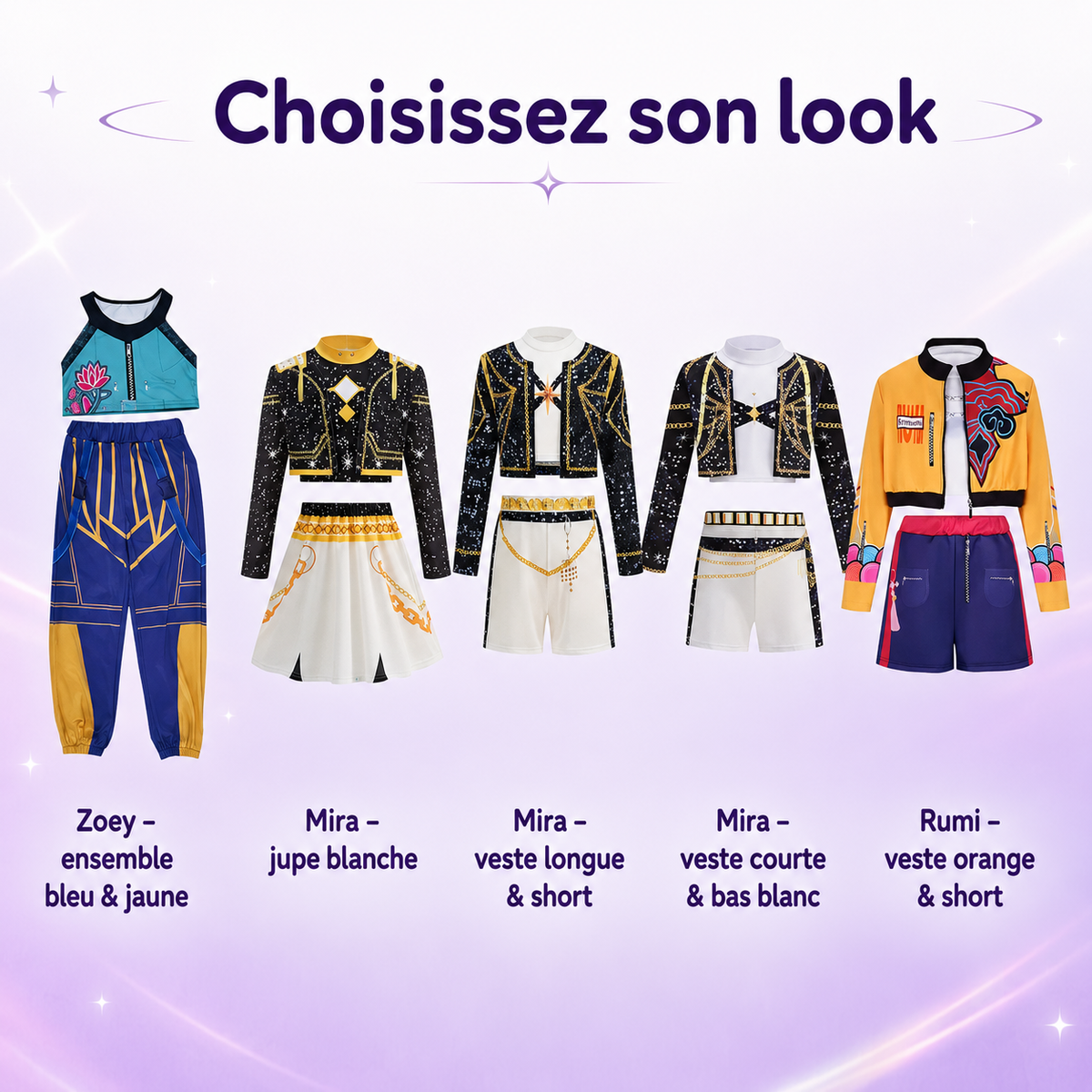 Comparatif des cinq costumes enfant inspirés de Zoey, Mira et Rumi