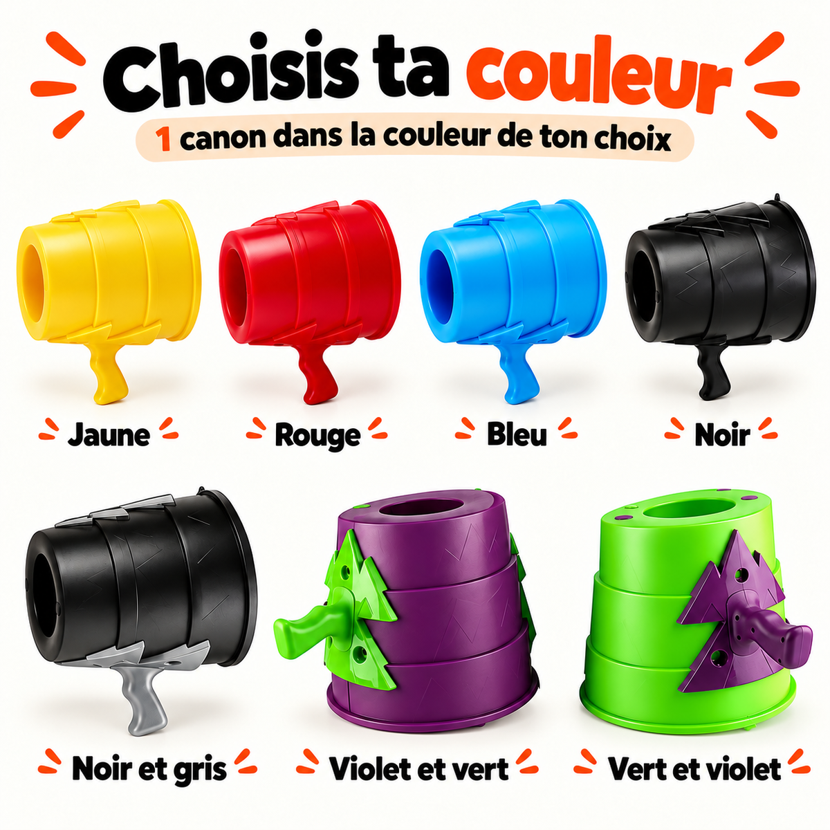 Sept coloris du canon à air vortex : jaune, rouge, bleu, noir, noir et gris, violet et vert, vert et violet. Un canon au choix.