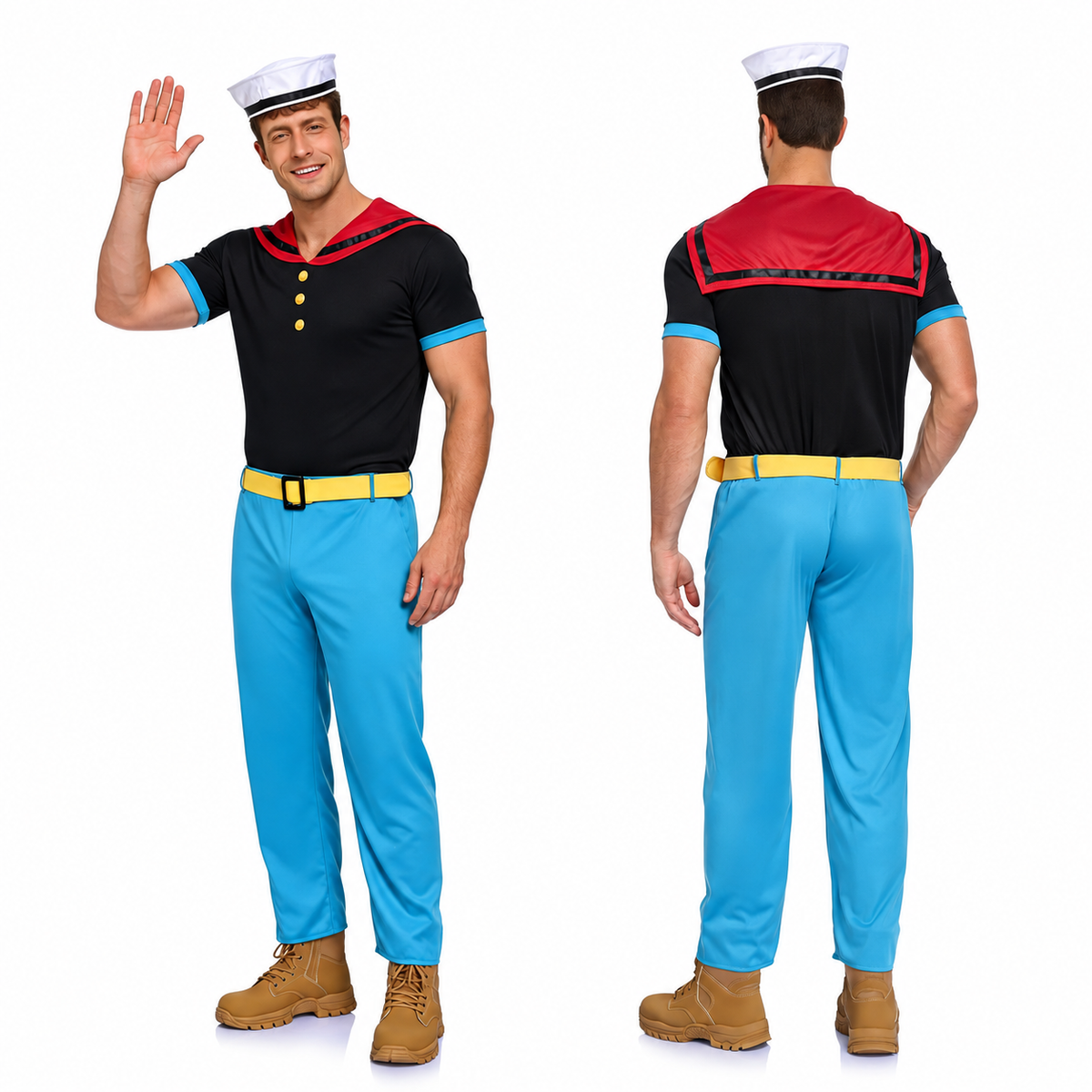 Vue de face et de dos du déguisement Popeye : col marin rouge, pantalon bleu et ceinture jaune.