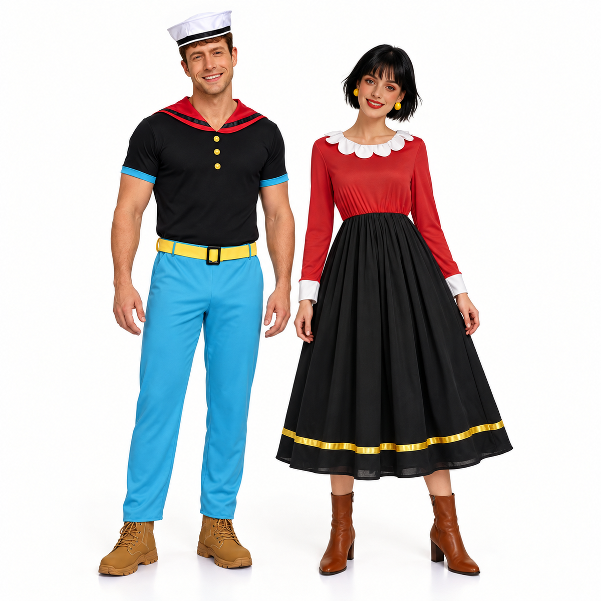 Deux adultes en costumes Popeye et Olive, debout côte à côte sur fond blanc.