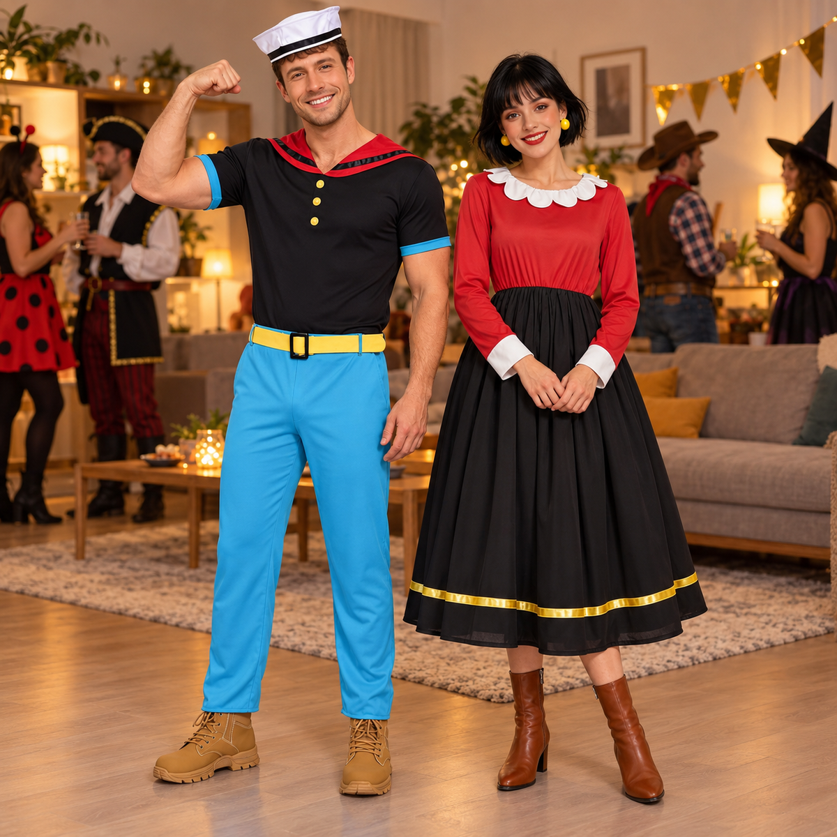 Duo Popeye et Olive lors d’une soirée déguisée dans un salon, l’homme posant avec le bras levé.