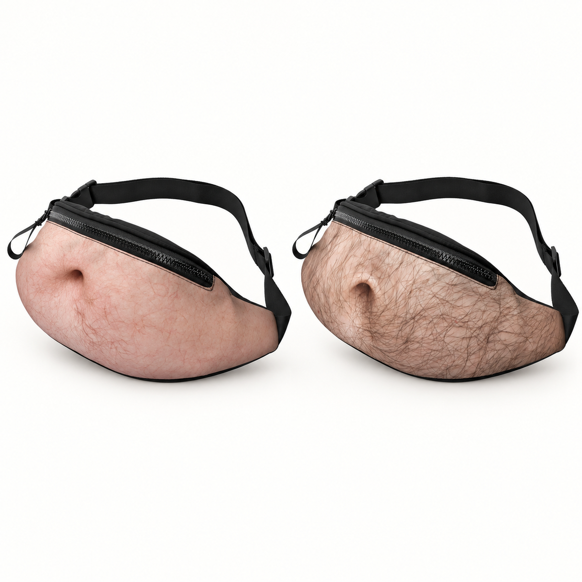 Comparaison des sacs banane faux ventre : modèle lisse à gauche et modèle poilu à droite, sur fond blanc.