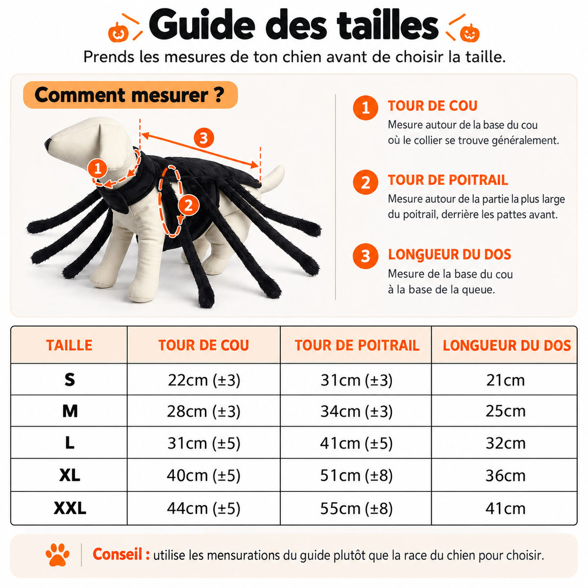 Guide des tailles déguisement araignée pour chien