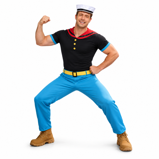 Déguisement Popeye pour adulte : tenue de marin noire et bleue, chapeau blanc et ceinture jaune.