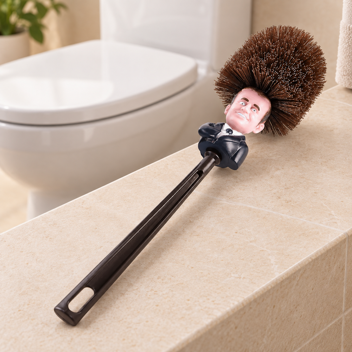 Brosse WC Macron posée sur un rebord beige, à côté de toilettes blanches.