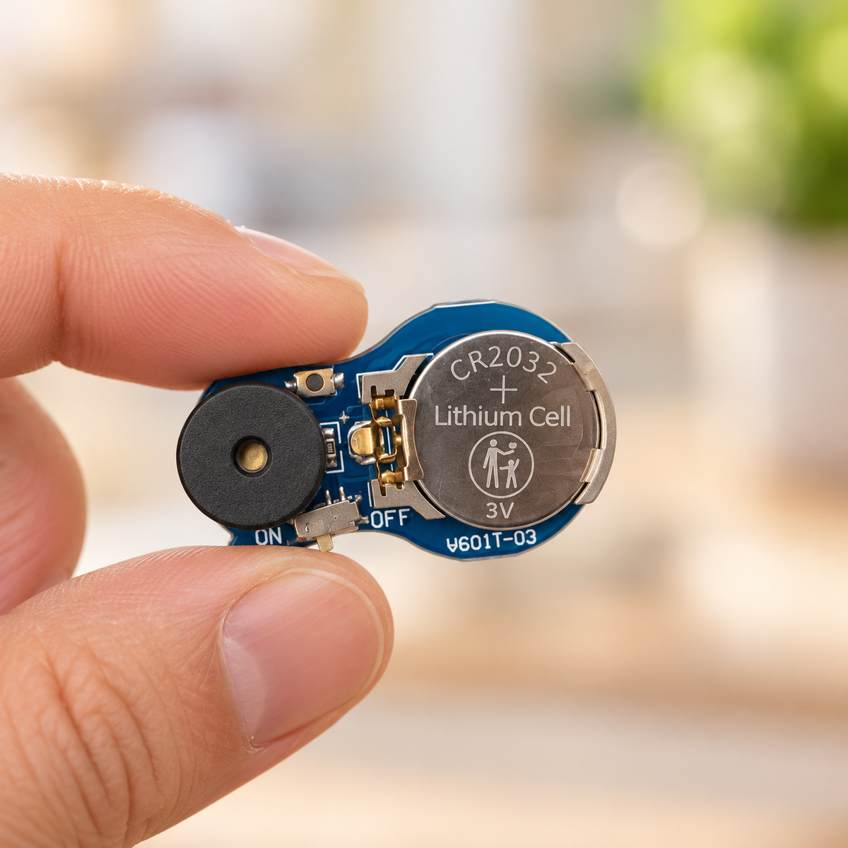 Grillon électronique bleu tenu entre deux doigts pour montrer son format
