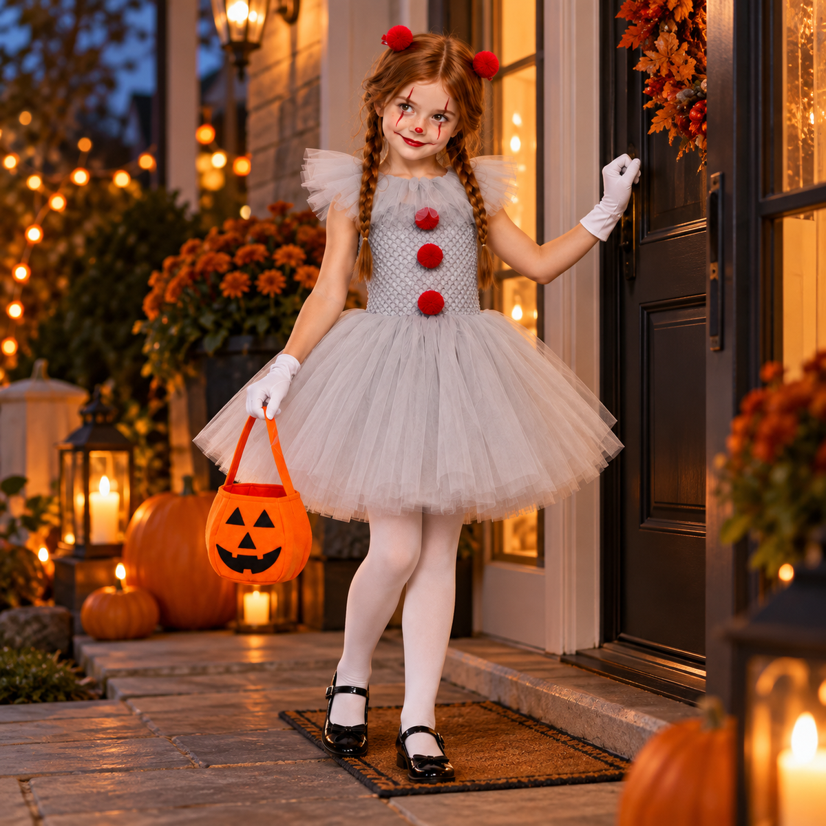 Fillette en costume de clown gris et rouge, sac citrouille à la main, devant une porte décorée pour Halloween.