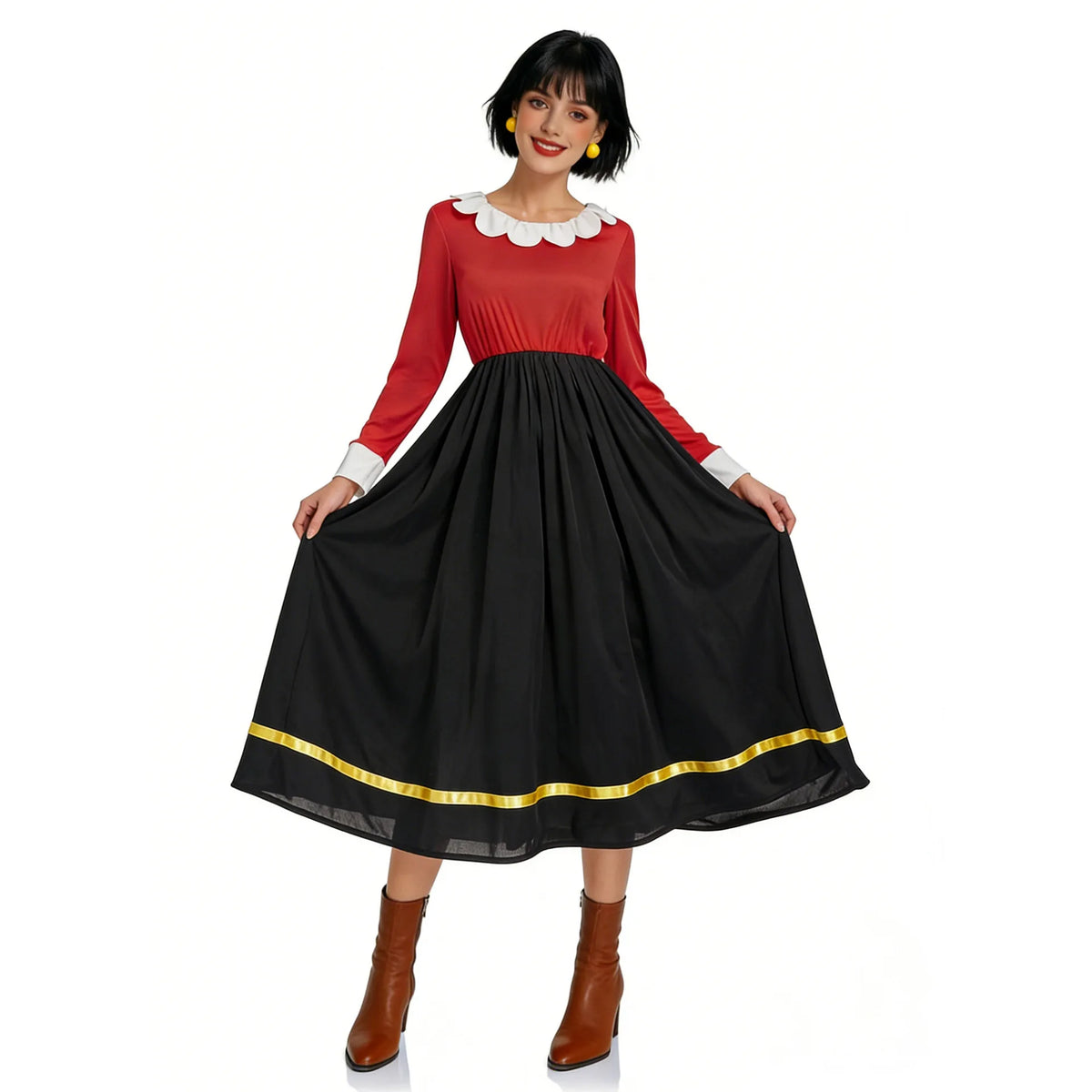 Robe de déguisement Olive pour adulte : haut rouge, col blanc festonné et jupe noire à ruban jaune.