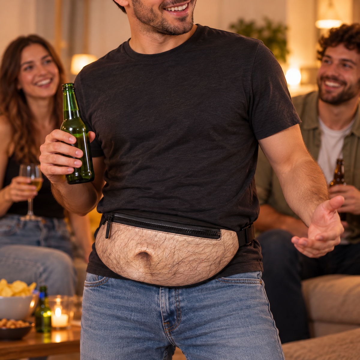Sac banane faux ventre poilu porté à la taille pendant une soirée entre amis.