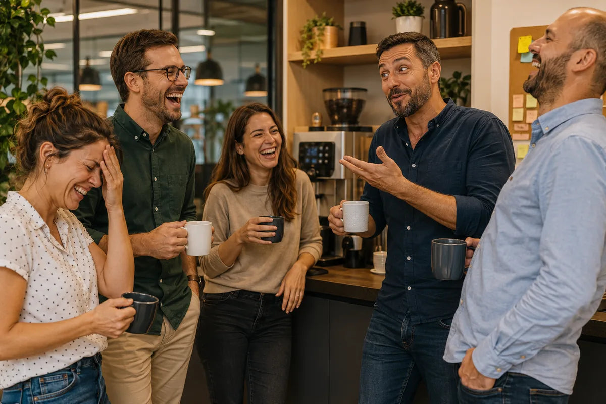 Collègues racontant une blague de beauf pendant une pause café