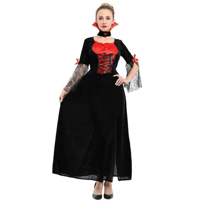 Déguisement vampire gothique femme avec robe noire et rouge