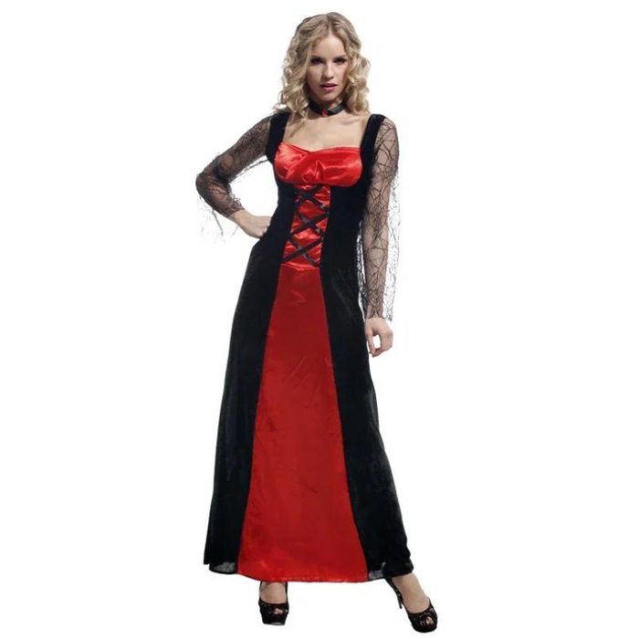 Déguisement reine vampire femme avec robe longue rouge et noire